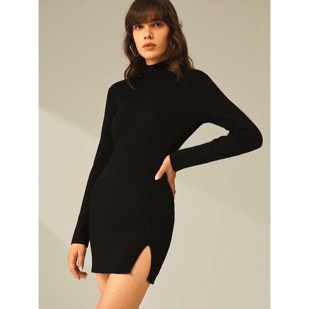 COMMENSE Black Ribbed Turtleneck Long Sleeve Bodycon Mini Dress Size L